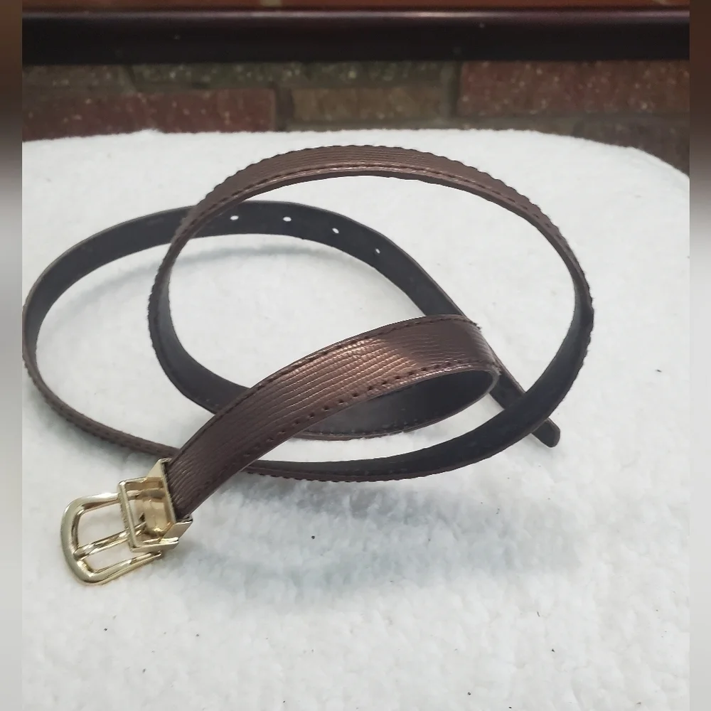 CALVIN KLEIN FANCY BROWN LEATHER THIN PANTS BELT GOLD‎ METAL SQUARE BUCKLE SZ L.